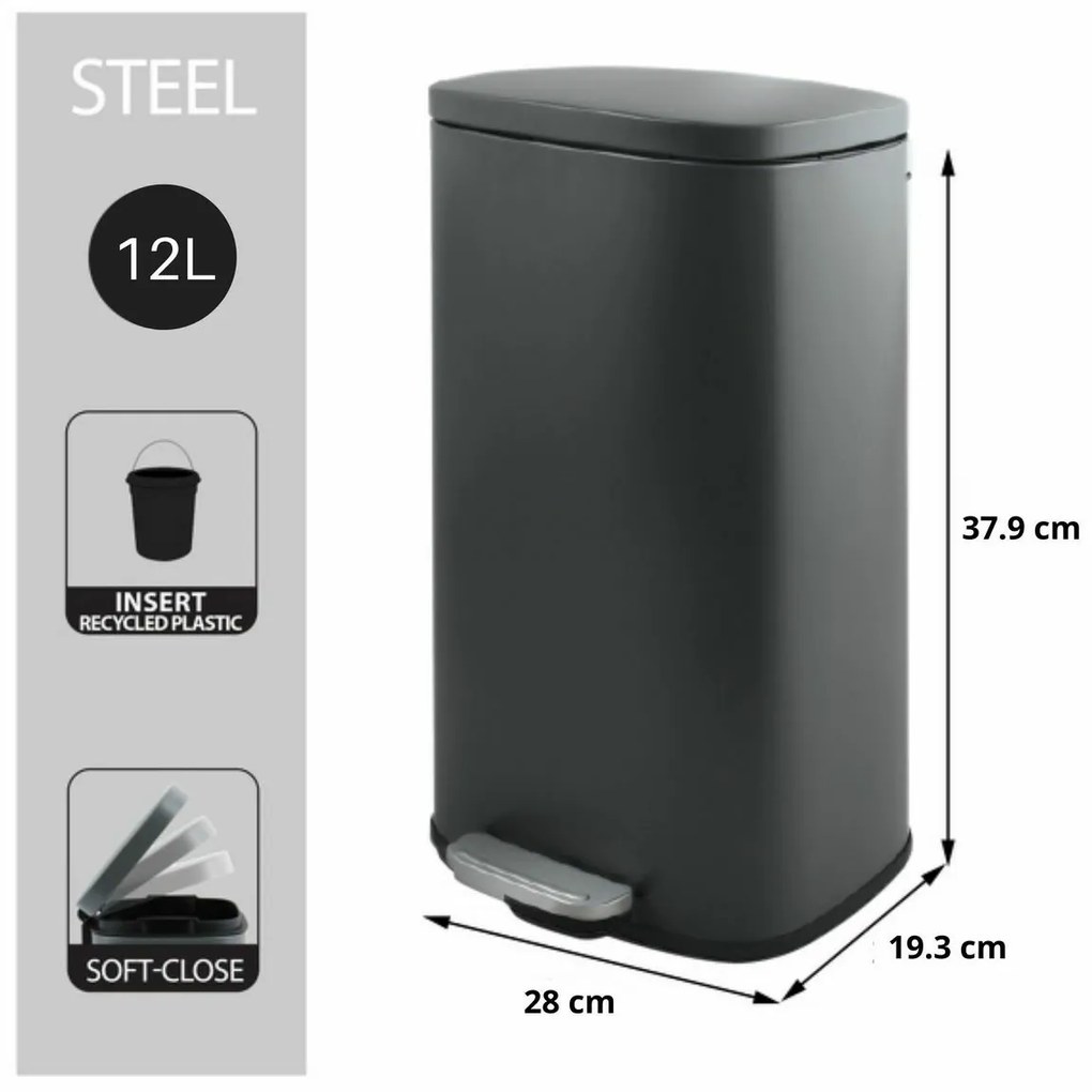 Coș de gunoi cu pedală soft-close Spirella Akira 12 l, gri mat, 12 l