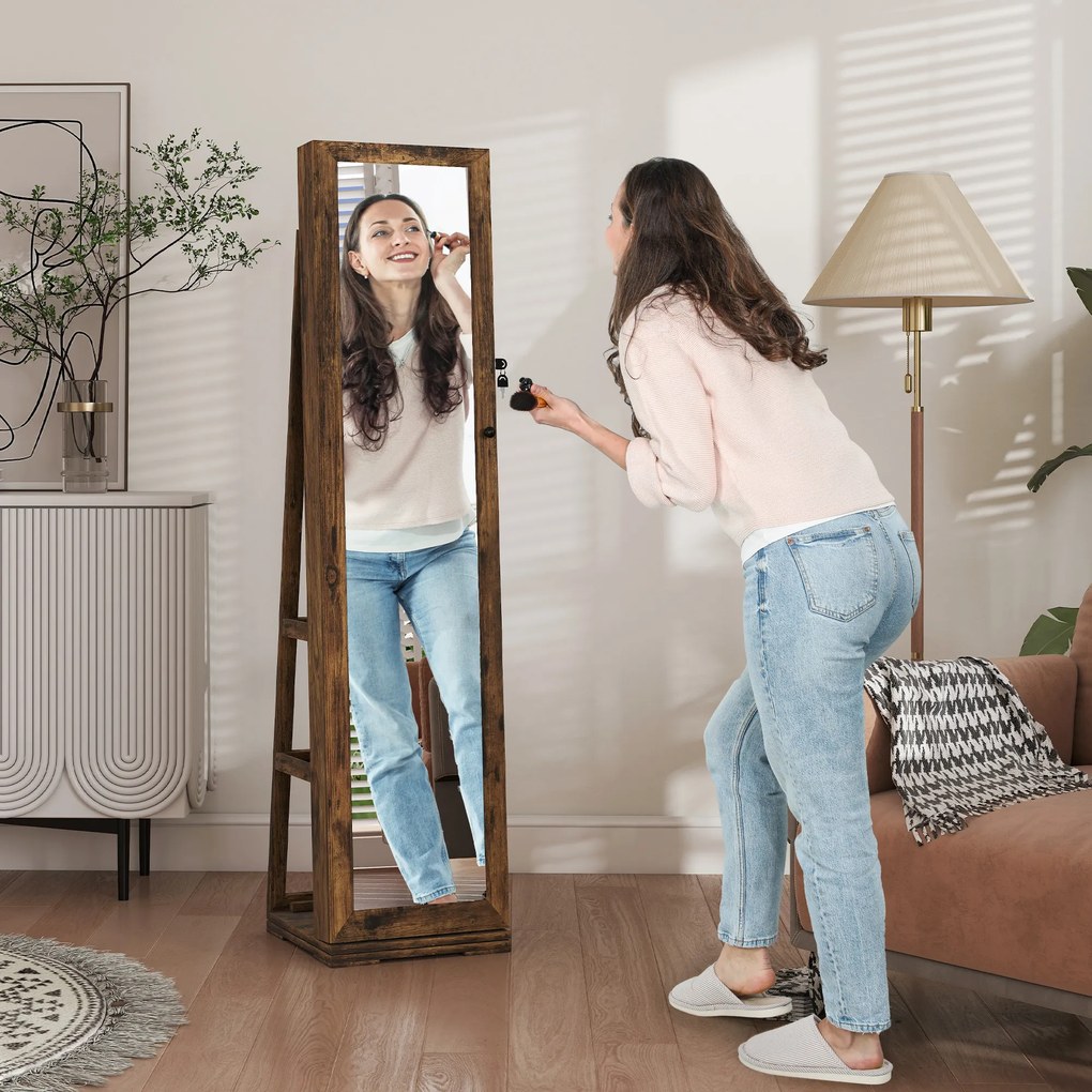 HOMCOM Armoire de Bijuterii pivotantă, blocabilă, cu oglindă - Dulap Bijuterii Multi-Depozitare - Brun Rustic | Aosom Romania
