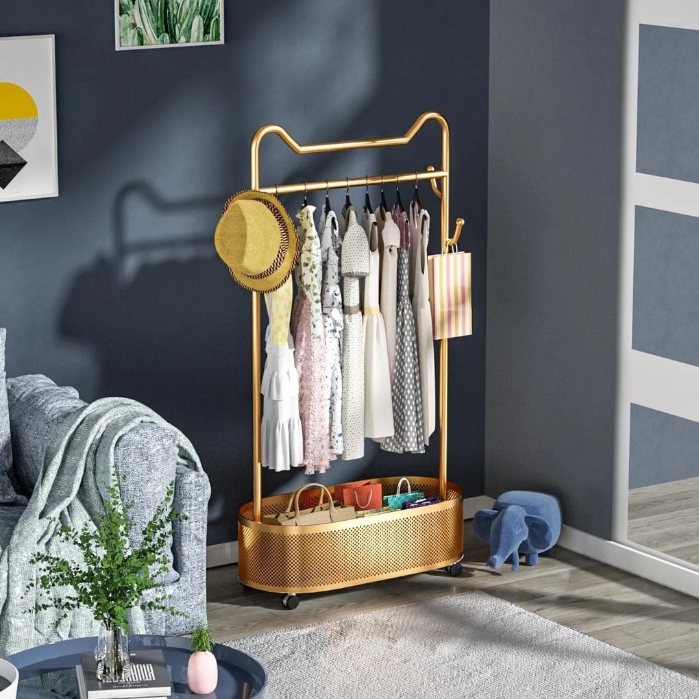 SUAU8 - Suport Haine cu spatiu depozitare, 180 cm inaltime, pentru haine, dressing, dormitor - Auriu / Alb