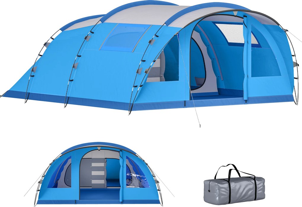 Outsunny Cort familial tip tunel pentru 4 persoane cu 3 camere Ușă 4 ferestre Impermeabil Montaj ușor | Aosom Romania