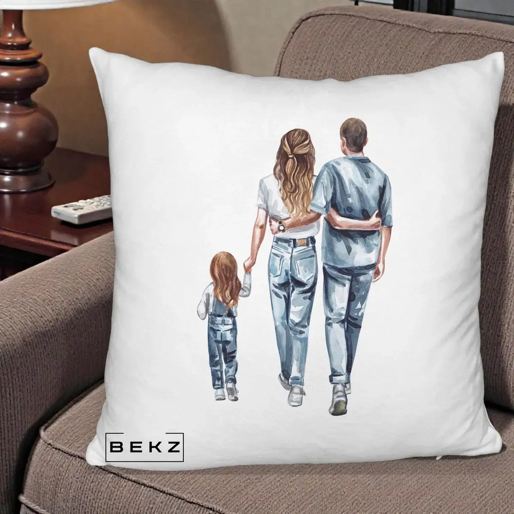 Cadou pentru Familie - Perna Personalizata Familie Acuarela Jeans, 40x40 cm, Alb Pufos, Husa Detasabila, Perna Inclusa, BEKZ®