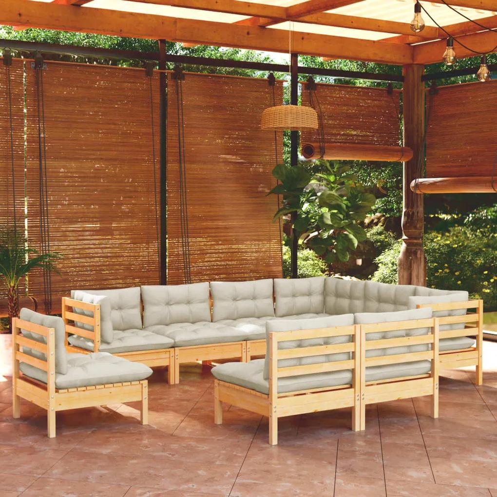 3096743 vidaXL Set mobilier grădină cu perne crem, 9 piese, lemn masiv de pin