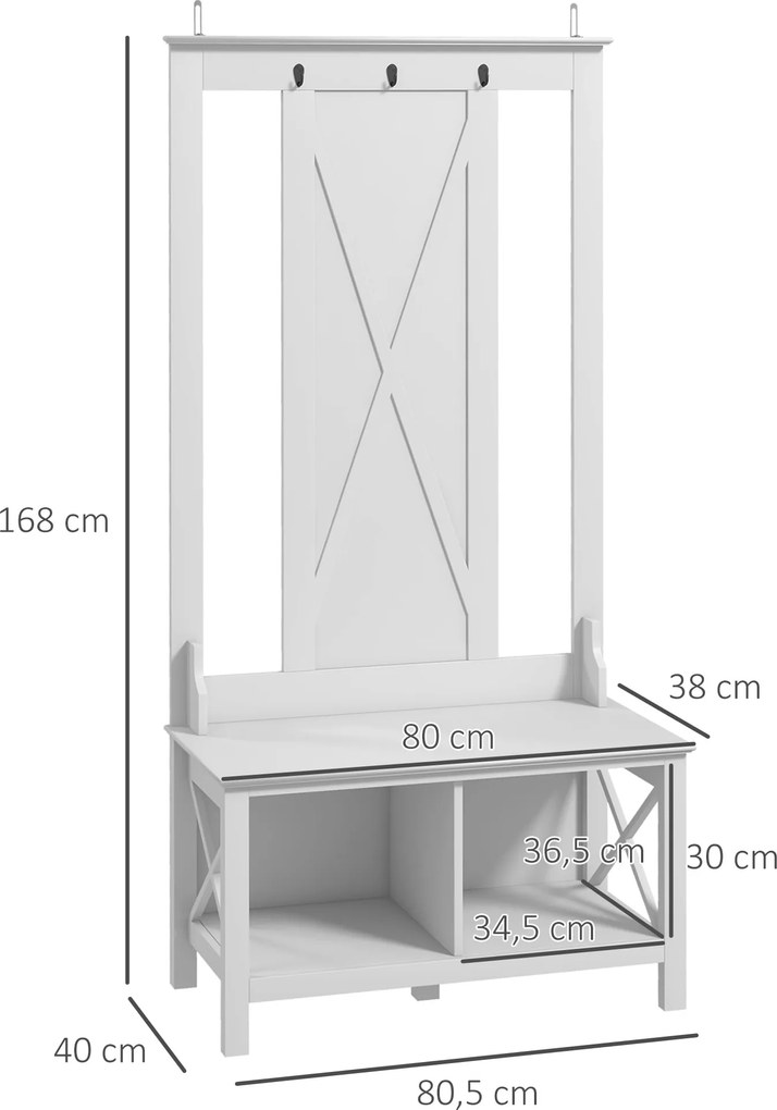 HOMCOM Suport pentru Haine cu Pantofi din Lemn cu 2 Rafturi și 3 Cârlige pentru Agățat Rucsacuri 80,5x40x168 cm Alb | Aosom Romania