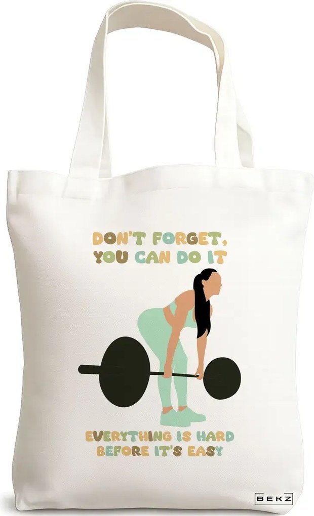 Sacosa de Panza pentru Cumparaturi, Geanta Tote, model Strength and Perseverance, 38x34.5 cm, Alba, BEKZ®