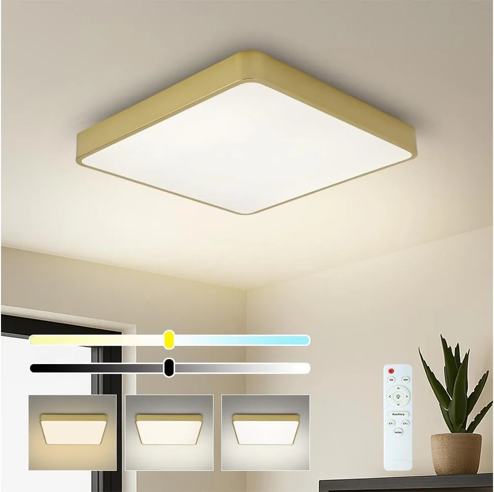 Brilagi-LED Plafonieră reglabilă POOL SQUARE LED 36W, 230V, 3000-6000K, 40x40 cm, auriu + telecomandă