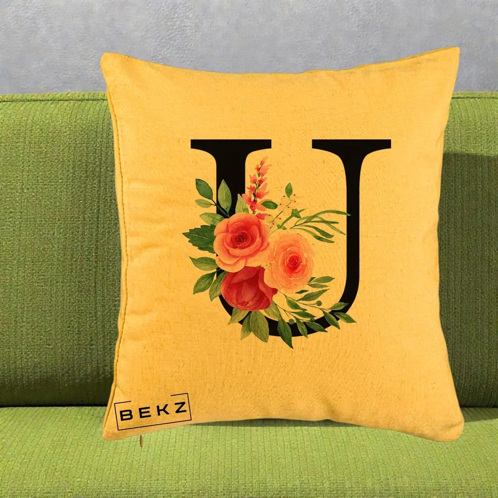 Cadou Personalizat - Perna Personalizata Monograma Florala Litera U, 40x40 cm, Galben, Husa Detasabila, Perna Inclusa, BEKZ®