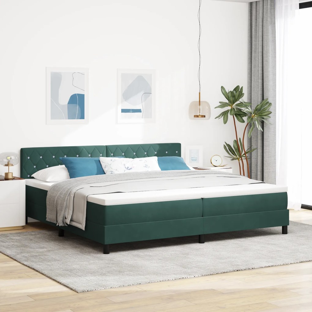 vidaXL Pat box spring cu saltea &amp; LED, verde închis 200x200 cm catifea