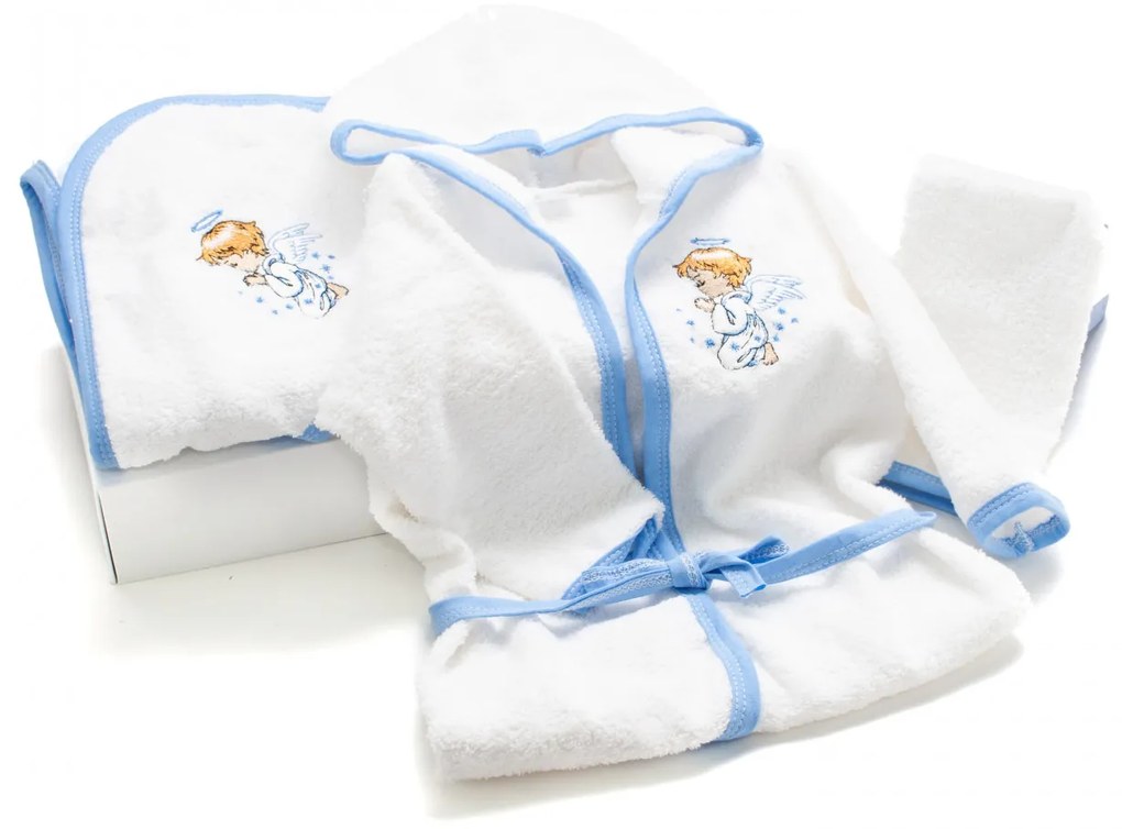 Set de baie pentru bebelusi cu tiv albastru, 3 piese, brodat cu Ingeras, Alb- SDB-05