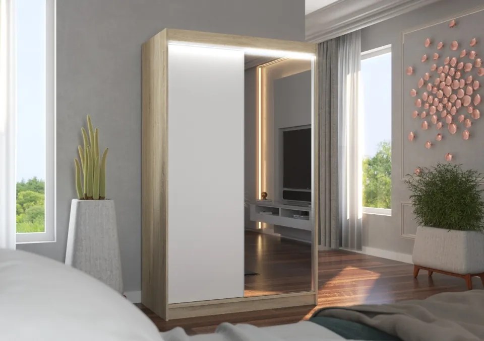 Dulap cu usi glisante si oglinda + iluminare LED, Rewena 120 + LED, 120 cmx200 cmx58 cm, ADRK Furniture (Culoare: Negru / Alb)