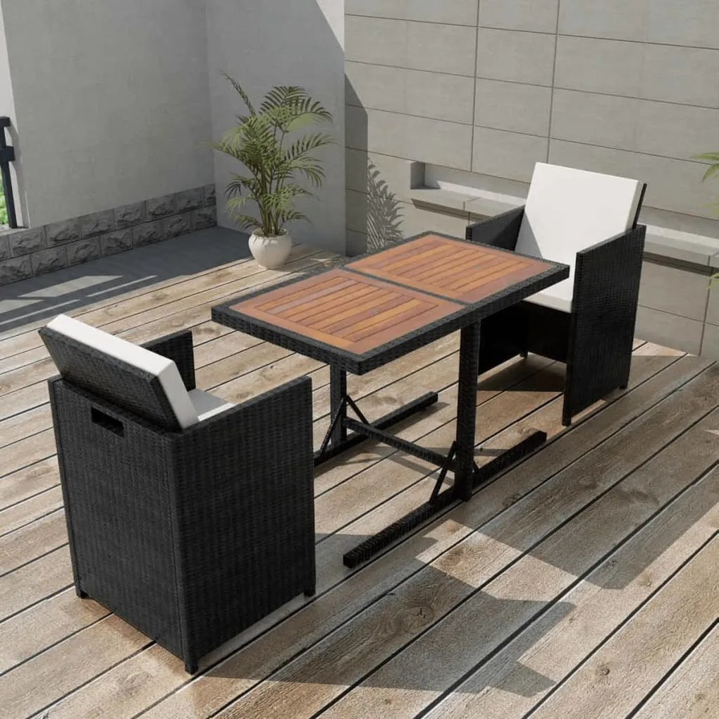 42542 vidaXL Set bistro cu perne, 3 piese, negru, poliratan