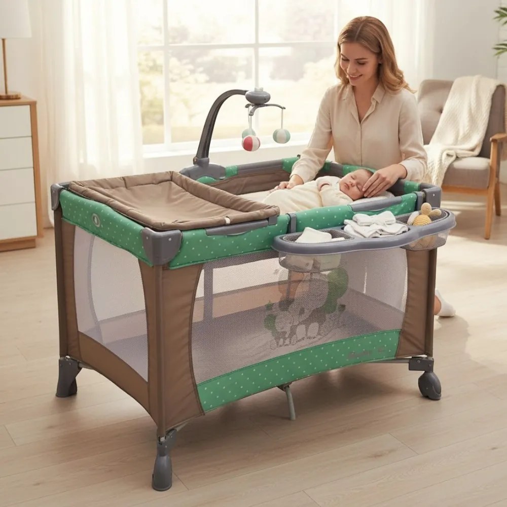 Patut Pliabil si Tarc copii Baby Care™ PRO FMAT, 2 Niveluri de inaltime, Cu melodii si Masa infasat, Carusel cu jucarii din plus, Plasa insecte,