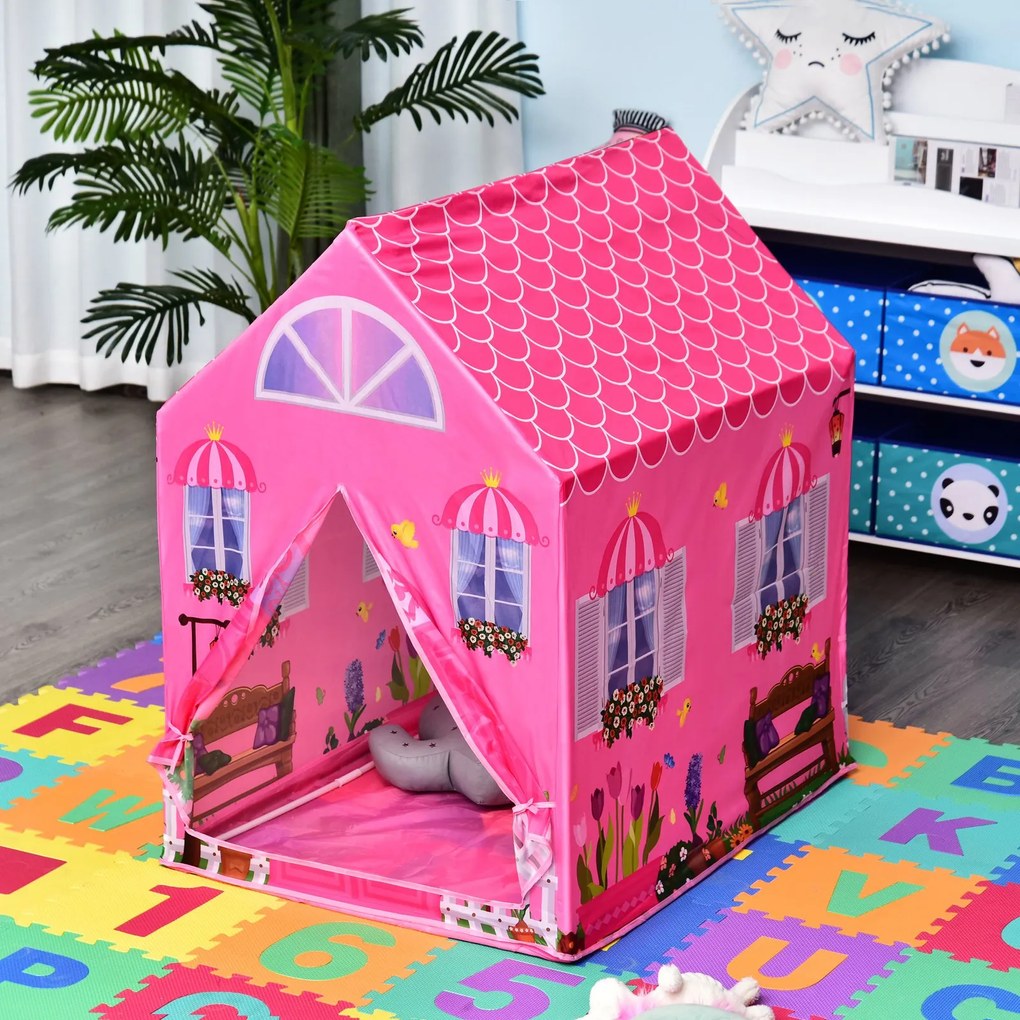 Cort Princess Play HOMCOM pentru Fete de peste 3 ani pentru Interior si Exterior Roz 93 x 69 x 103 cm | Aosom RO