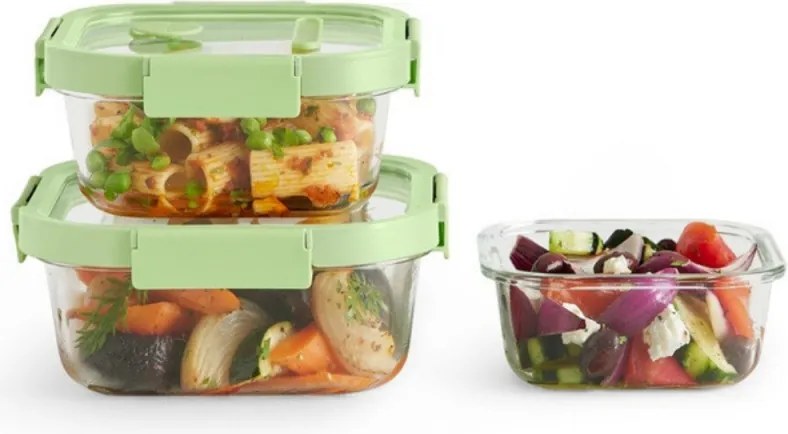 Set 3 caserole sticla depozitare alimente Lekue 1009493, 0,5/0,8/1,1 l, Capac, Supapa pentru cuptor cu microunde, -20/+100°C, Verde