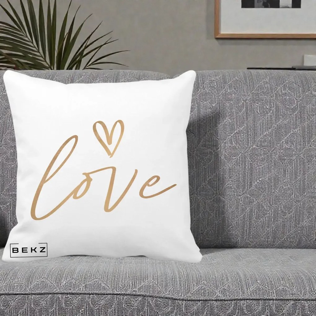Perna Decorativa Love Caligrafie Aurie, 40x40 cm, Alba Mata, Husa Detasabila, Perna Inclusa, BEKZ®