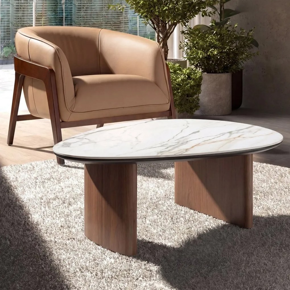Masuta de cafea Porcelain Marble si lemn furniruit Walnut
