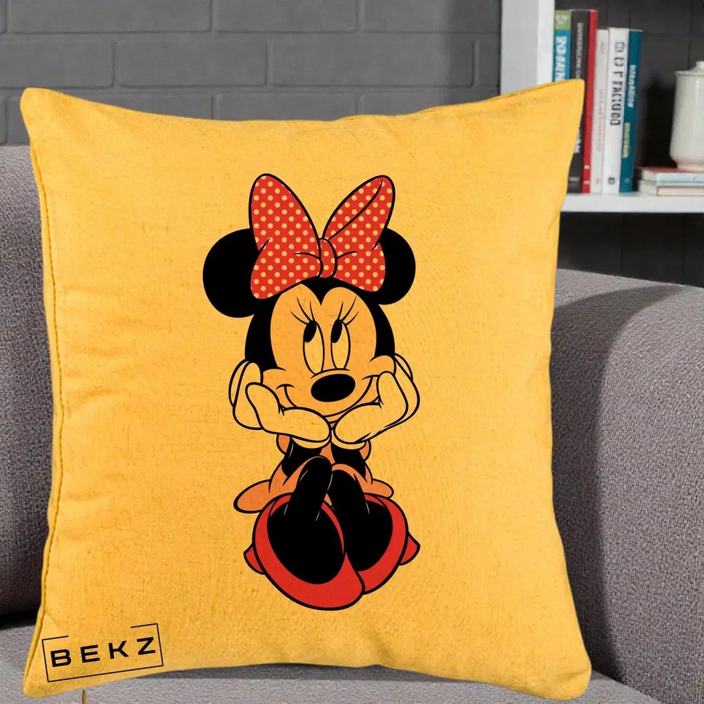 Perna Personalizata Minnie Mouse cu Fundita, 40x40 cm, Galben, Husa Detasabila, Perna Inclusa, BEKZ®