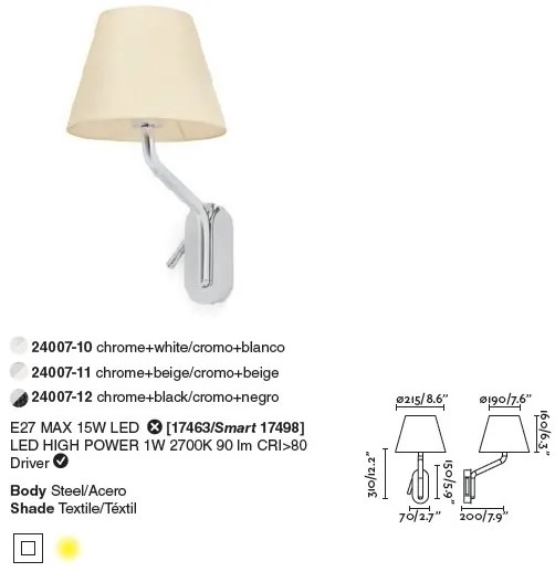 Aplica cu reader LED pe stanga design elegant ETERNA crom/bej