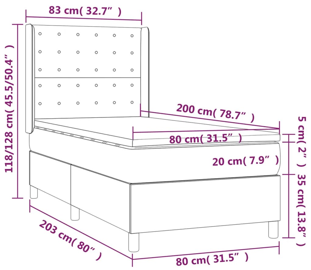 Pat continental cu saltea  LED, roz, 80x200 cm, catifea Roz, 80 x 200 cm, Nasturi de tapiterie