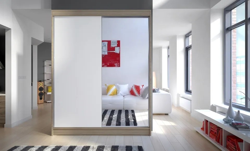 Dulap cu usi glisante si oglinda 150x200 cm, Jordi, ADRK Furniture (Culoare: Sonoma / Alb)