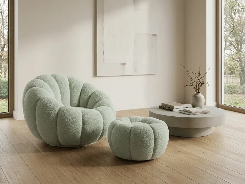Fotoliu de design rotativ BLOOM cu taburet, verde deschis