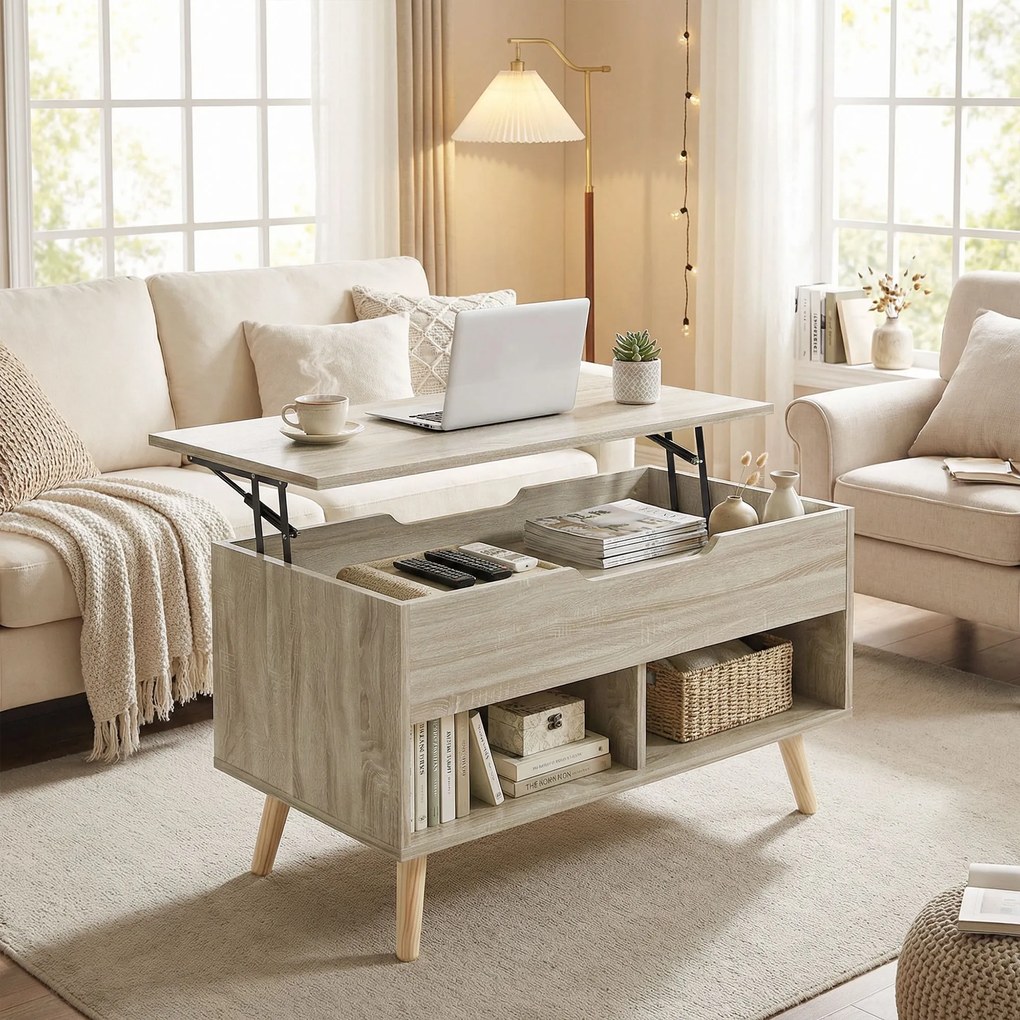 HOMCOM Masă de cafea rabatabilă, masă pentru living cu compartiment ascuns și rafturi deschise, 75 x 40 x 58 cm, lemn natural | Aosom Romania