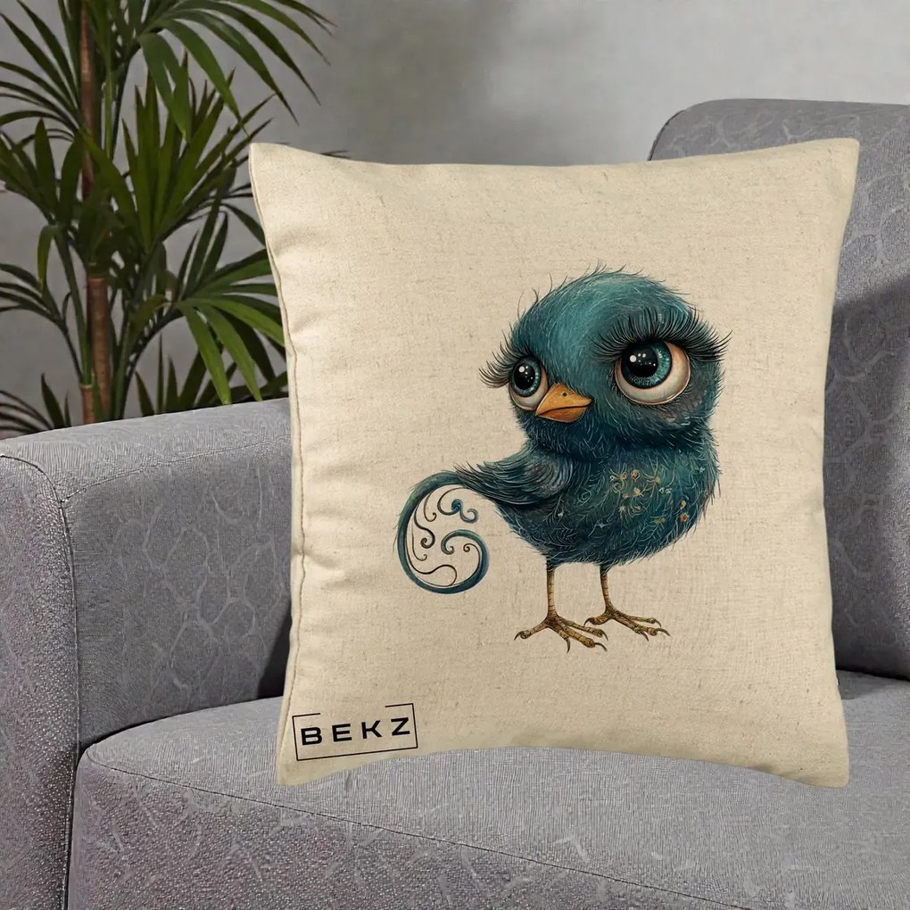 Perna Decorativa Pasare Teal cu Motive Aurii si Coada Spiralata, 40x40 cm, Bej, Husa Detasabila, Perna Inclusa, BEKZ®