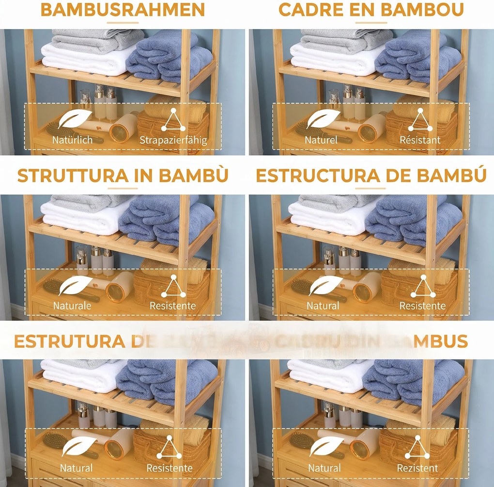 kleankin Dulap de baie cu 2 rafturi deschise si dulap cu doua usi, din bambus cu usa cu clapeta, natural | Aosom Romania