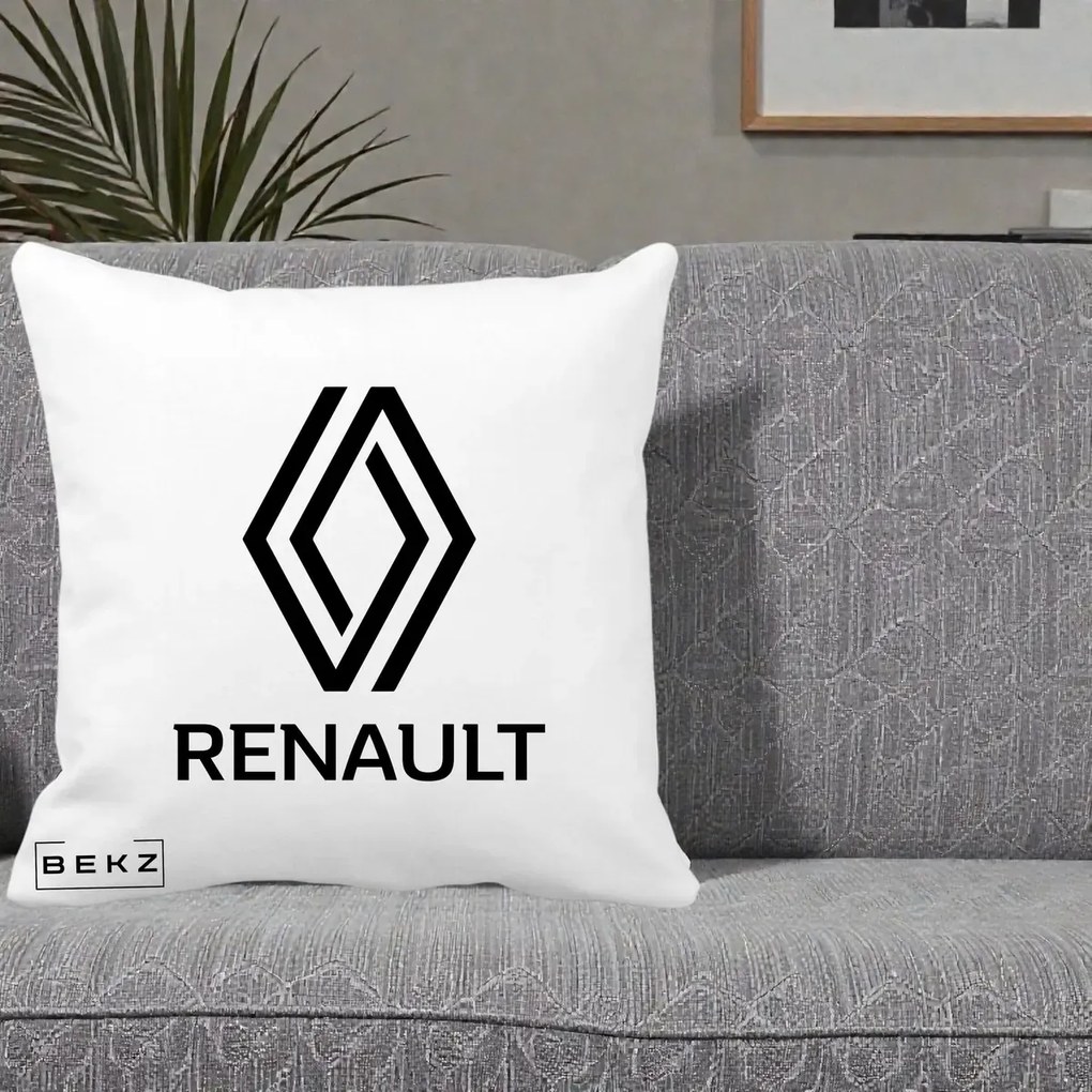 Perna Personalizata cu emblema Renault, 40x40 cm, Alba Mata, Husa Detasabila, Perna Inclusa, BEKZ®