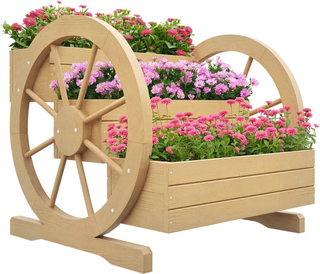 Outsunny Jardinieră pe picioare pătrată Potager 3 etaje cu 2 roți de căruță Lemn de brad, dim. 62L x 61l x 57H cm | Aosom Romania