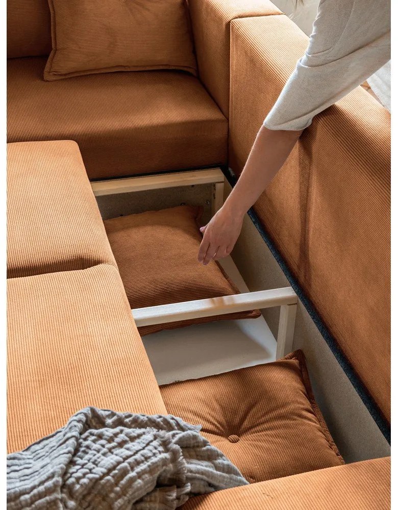 Colțar cărămiziu extensibil cu tapițerie din catifea reiată (colț stânga) Lazy Lukka – Miuform