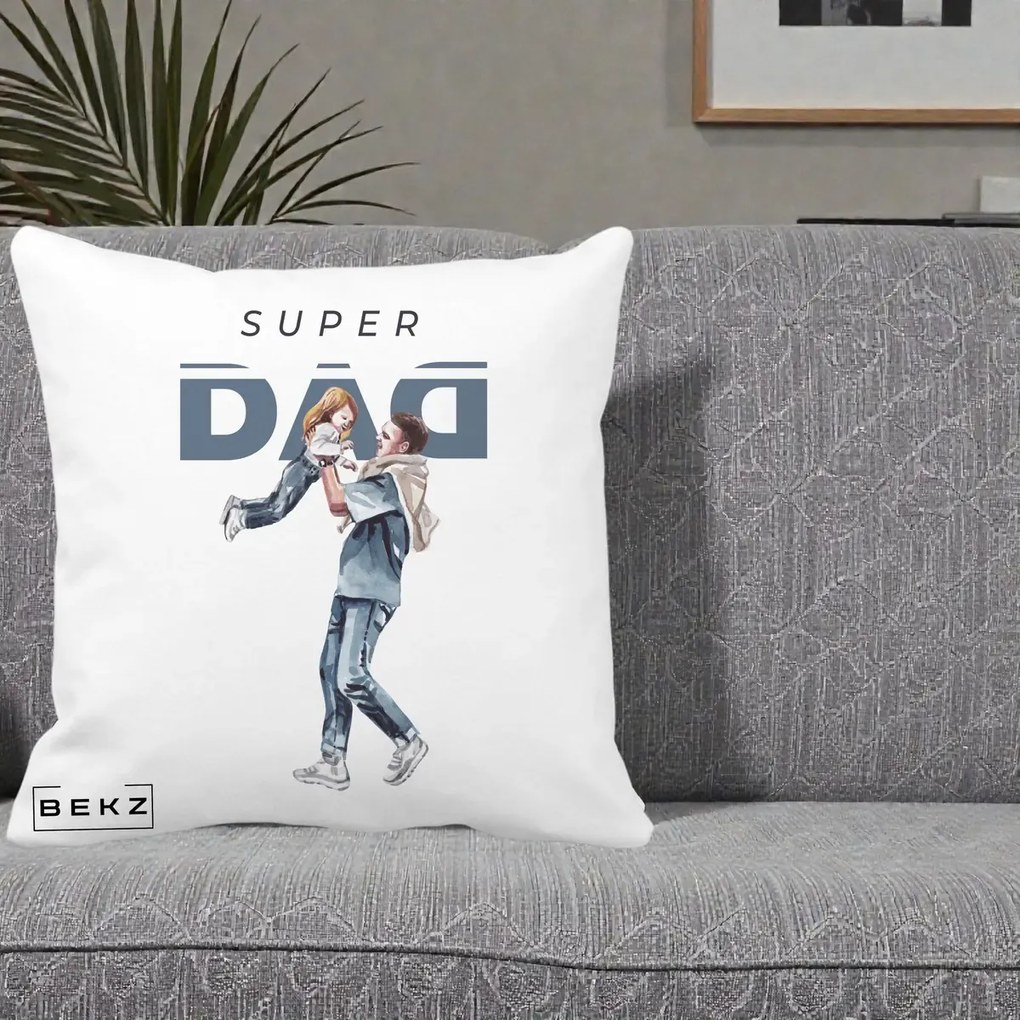 Cadou pentru Tata - Perna Personalizata Super DAD Tata si Fiica, 40x40 cm, Alba Mata, Husa Detasabila, Perna Inclusa, BEKZ®