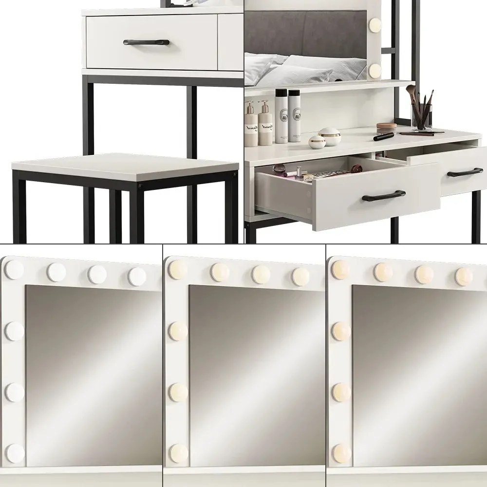 SEA807 - Set Masa toaleta 90 cm, cosmetica, machiaj, oglinda cu LED, masuta vanity cu scaun - Alb - Negru