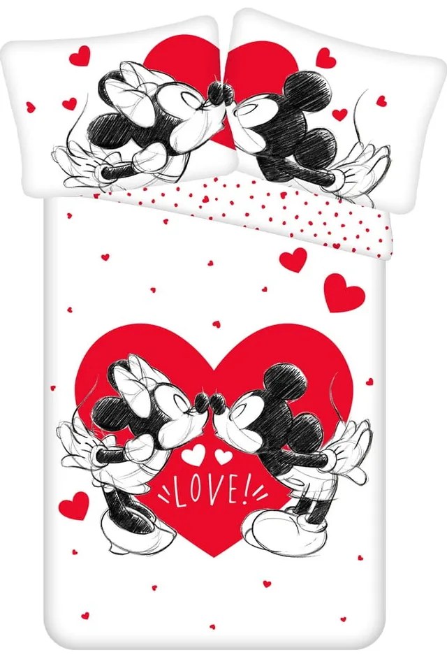 Lenjerie de pat pentru copii roșie-albă din bumbac pentru pat de o persoană 140x200 cm Mickey and Minnie "Love" – Jerry Fabrics