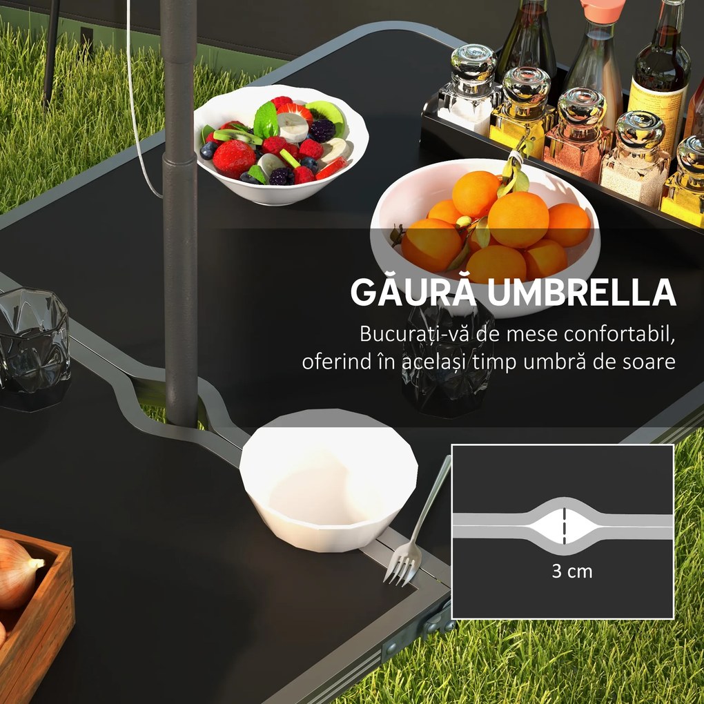 Outsunny Set Masă de Camping Pliabilă cu 4 Scaune, Masă de Picnic Reglabilă pe Înălțime, 4 Bănci și Orificiu pentru Umbrelă, din Aluminiu, pentru Picnic, Mare, Grădină, Negru | Aosom Romania