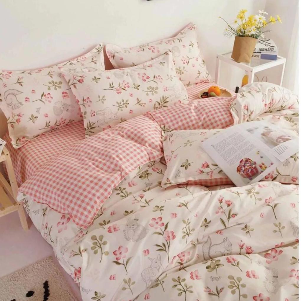 Lenjerie de pat cu 2 fete, policoton, 4 piese, pat 2 persoane, crem / roz, R4-560
