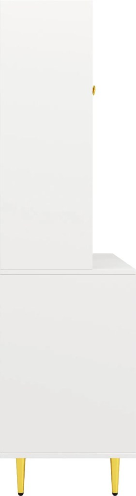 Dulap înalt pentru sufragerie, cu uși cu geam perforat, decor auriu și spațiu mare de depozitare pe mai multe niveluri, 145x39x171 cm, Alb