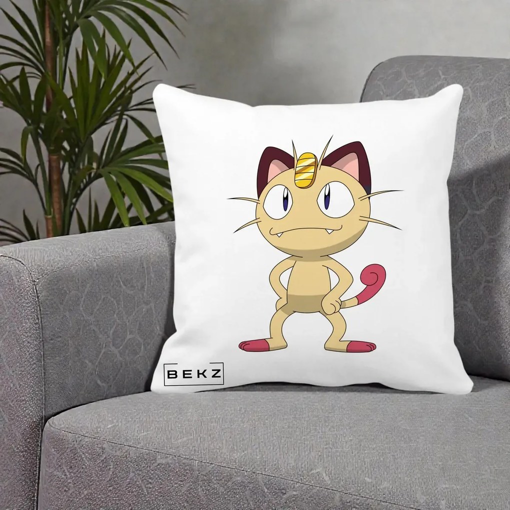 Perna Personalizata Meowth Pokemon, 40x40 cm, Alba Mata, Husa Detasabila, Perna Inclusa, BEKZ®