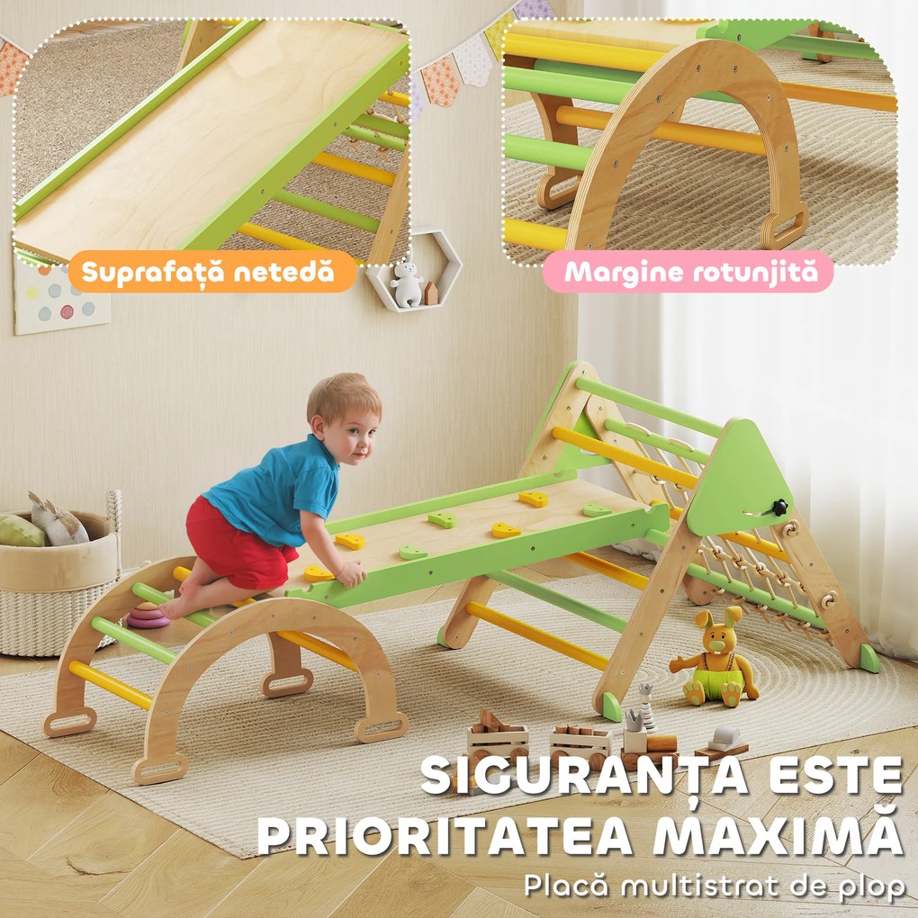 AIYAPLAY Set de Joacă pentru Copii 5 în 1 cu Triunghi, Perete Neted și Arc, din Lemn de Plop și Pin, 191.5x74.5x63 cm | Aosom Romania