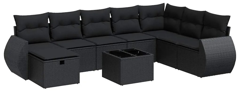 3325641 vidaXL Set mobilier de grădină cu perne, 9 piese, negru, poliratan