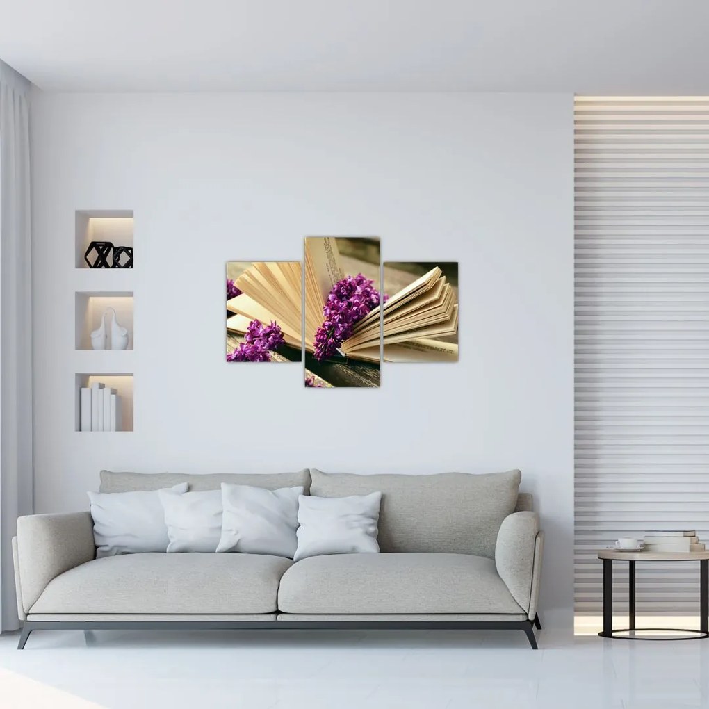 Tablou cu carte și floare violetă (90x60 cm)