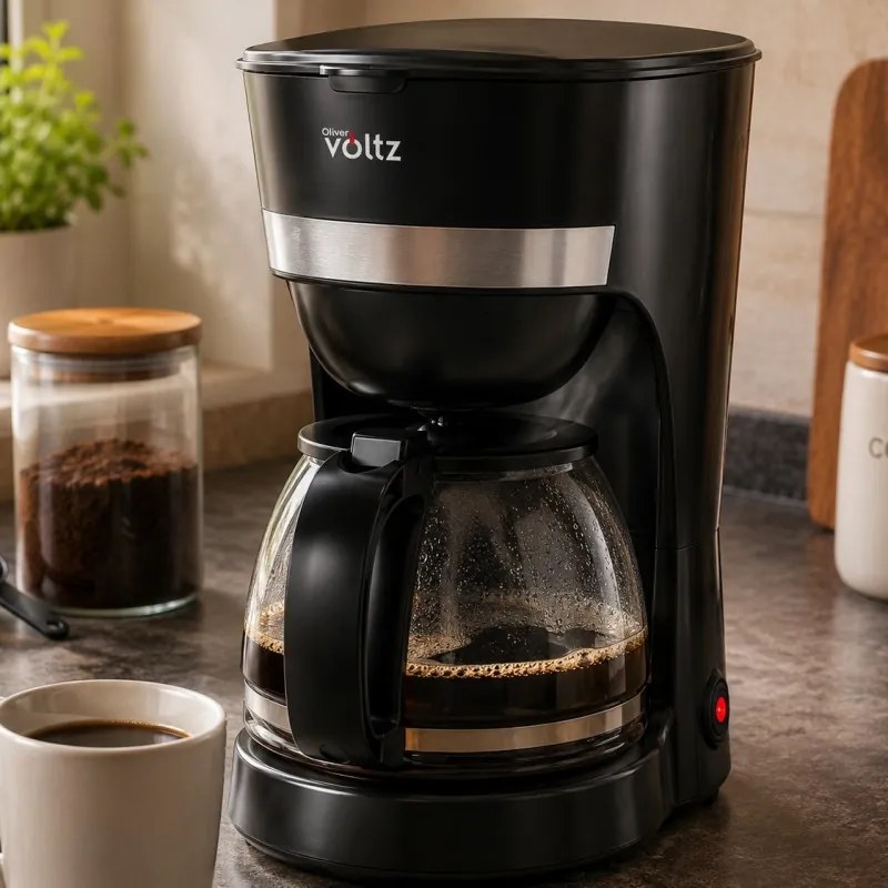 Cafetiera electrica Oliver Voltz OV51170WN, 600 W, 1,25 l, Sistem anti-picurare, Cana din sticla, Negru