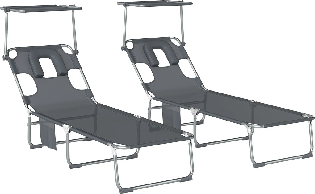 Outsunny Set de 2 șezlonguri pliante reclinabile cu copertină 360°, orificiu facial, buzunar lateral și Textilene 550 g/m² Gri | Aosom Romania