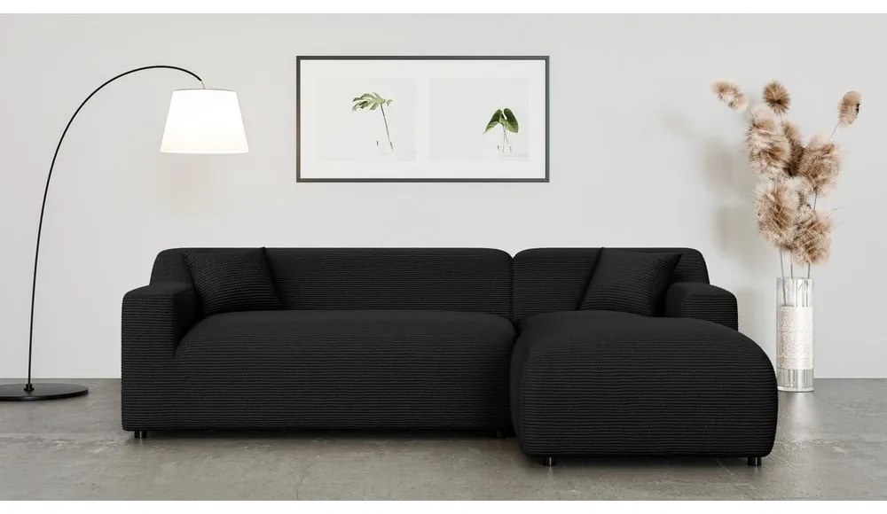 Colțar negru cu tapițerie din catifea reiată (cu colț pe partea dreaptă, cu șezlong) Martin – Ropez