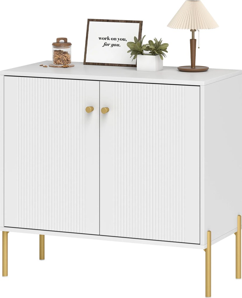 HOMCOM Bufet pentru living, mobilier de depozitare cu uși canelate duble, poliță reglabilă, picioare din oțel, 80 x 39,1 x 76 cm, alb | Aosom Romania