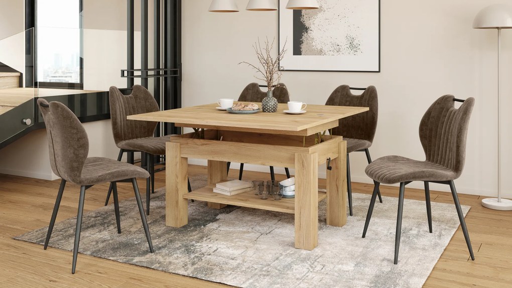 Mazzoni BRAWO Stejar Craft Auriu - MĂSUȚĂ DE CAFEA CU BLAT EXTENSIBIL ȘI RIDICABIL MASĂ CU RAFT