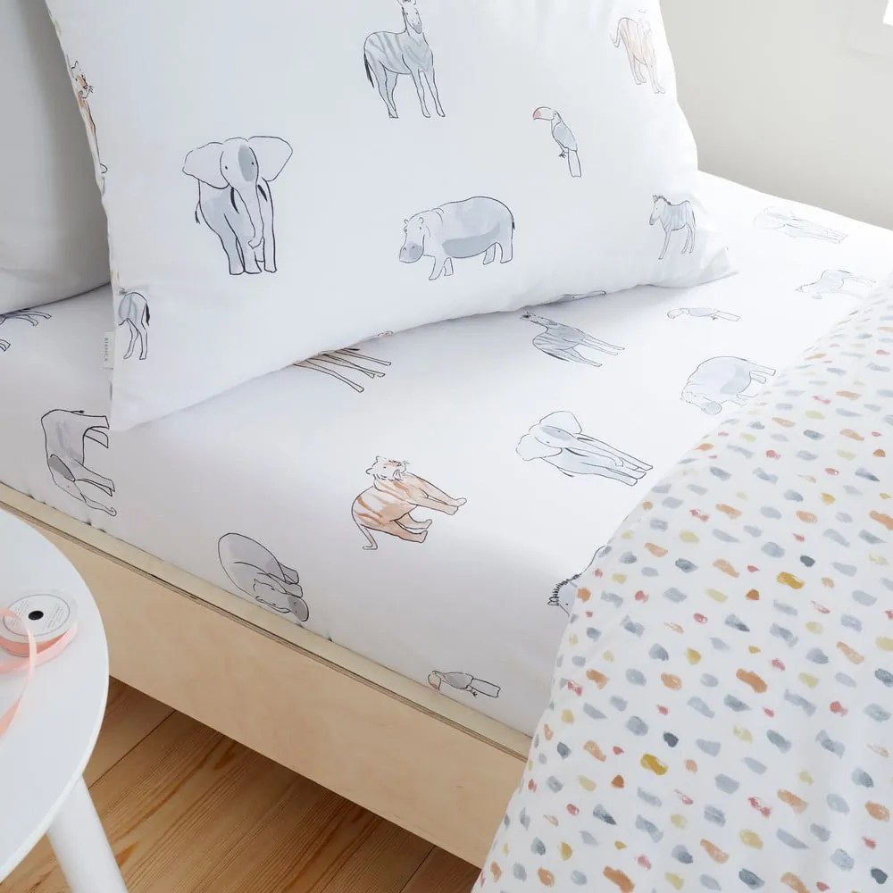 Cearceaf pentru copii alb din bumbac pentru pat de o persoană cu elastic 90x190 cm Zoo Animals – Bianca