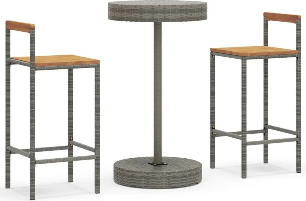 vidaXL Set bar pentru grădină, 3 piese, gri, poliratan/lemn acacia