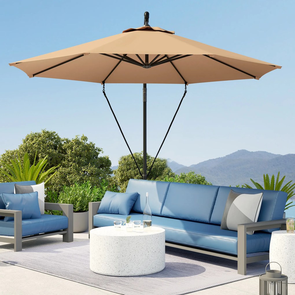Outsunny Umbrelă de Soare cu Corzi Anti-Vânt, Orificii de Aerisire, Bază în Cruce și Manivelă, Φ290x243 cm, Gri | Aosom Romania