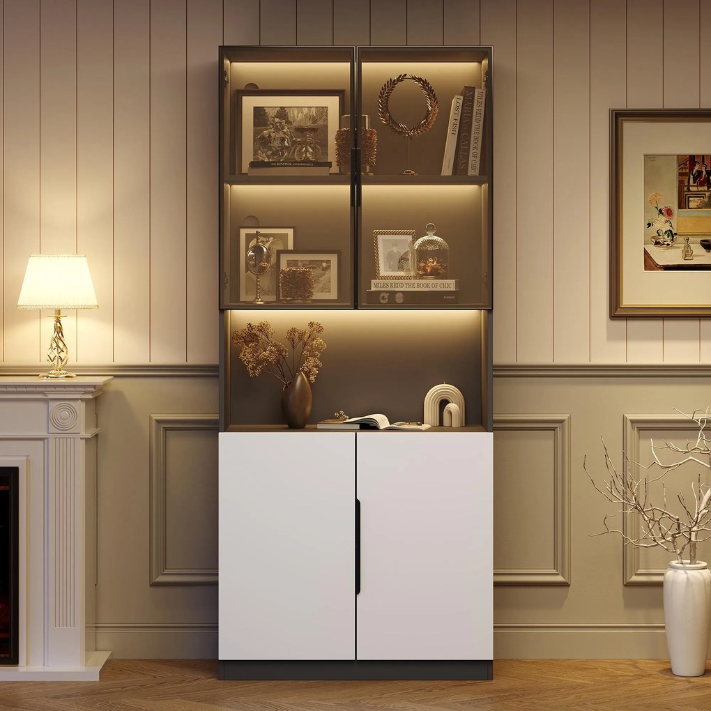 Vitrină modernă minimalistă cu uși din sticlă, lumini LED, 80x30x200 cm, Alb + Negru