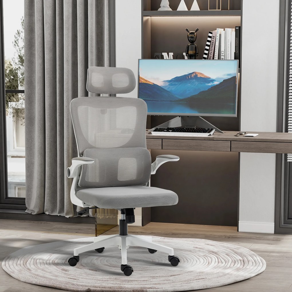 Vinsetto Scaun Ergonomic de Birou, Tetieră Reglabilă, Suport Lombar, 70x66x120-128 cm, Gri | Aosom Romania